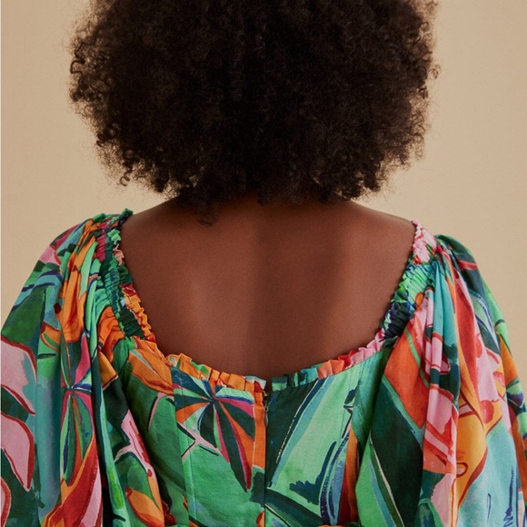 Farm Rio Banana Foliage Multicolor Puff-Sleeve Voile Midi-Dress NWT Size Small - Picture 5 of 14